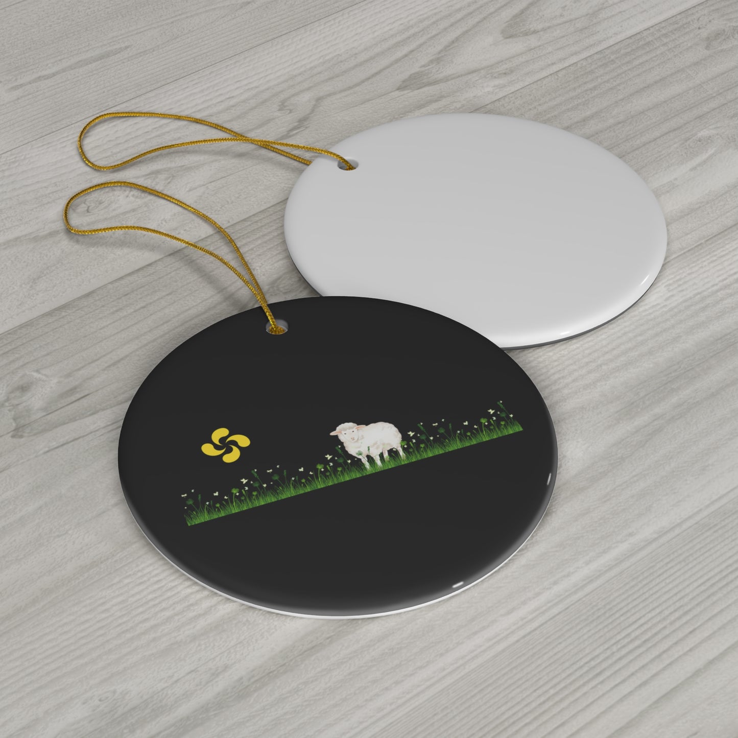 Lamb Grazing Black Ornament